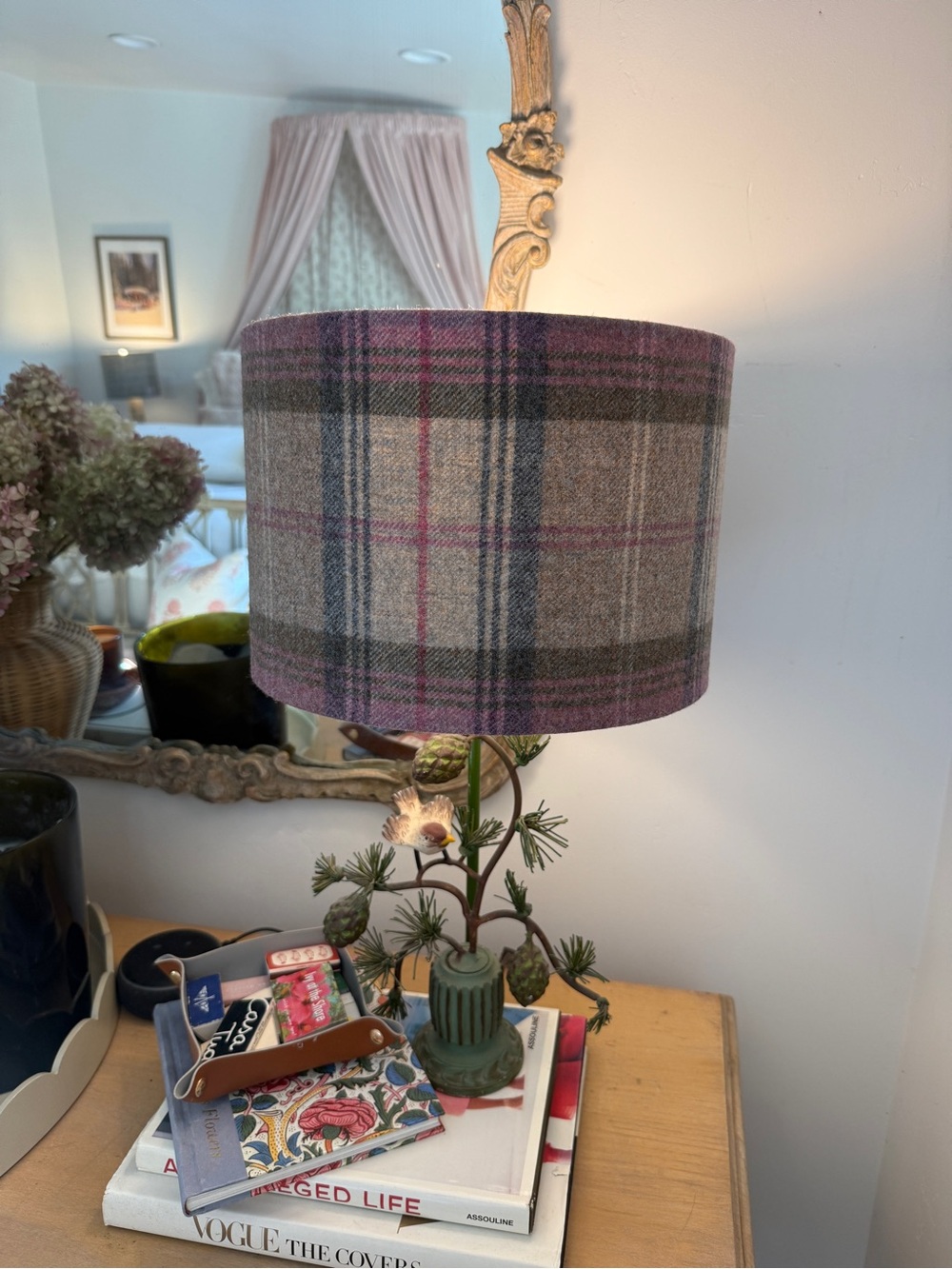 Plaid Fabric Drum Lamp Shade in Mauve and Gray